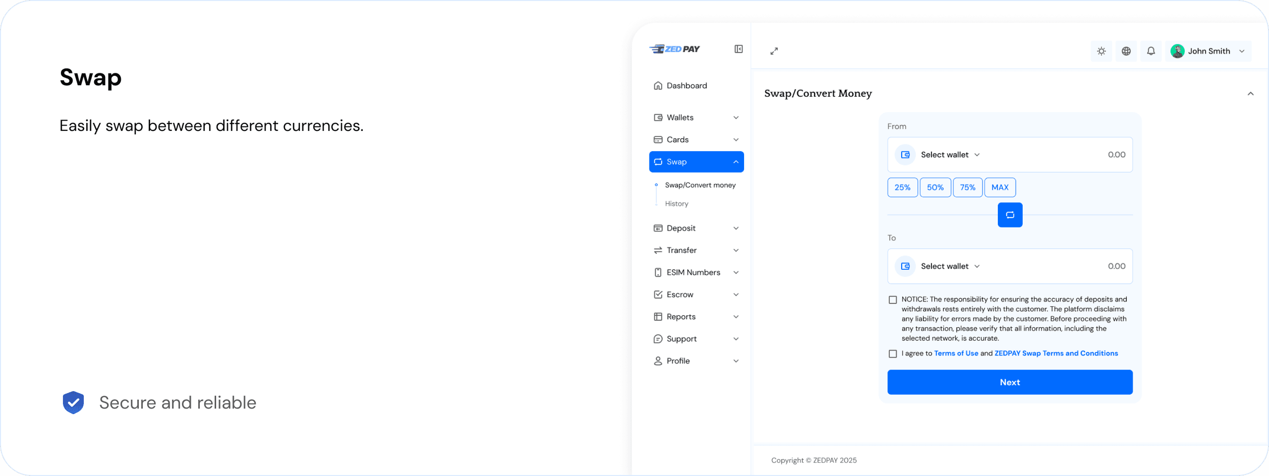 Desktop Dashboard UI demo: swap / convert money